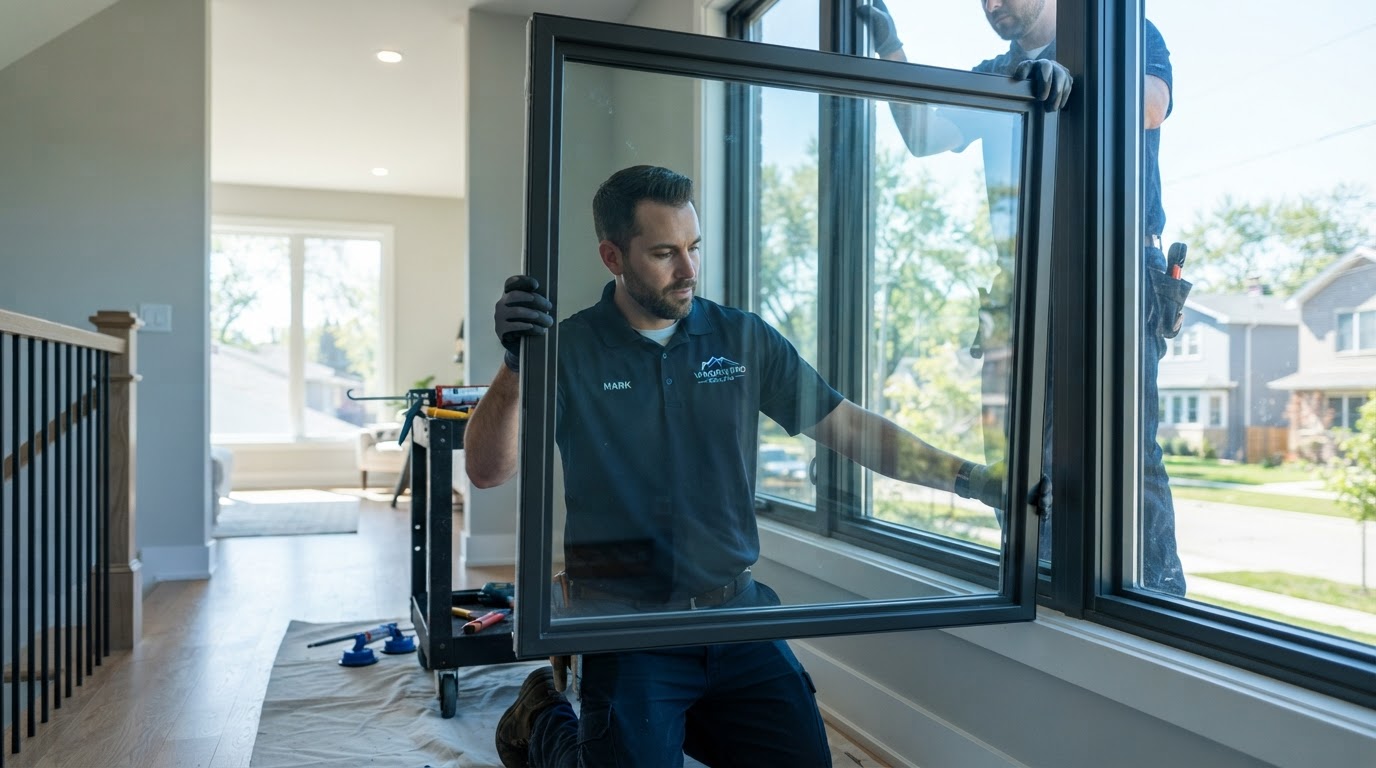 Glass repair technician installing a new clear window pane in a Chicago home