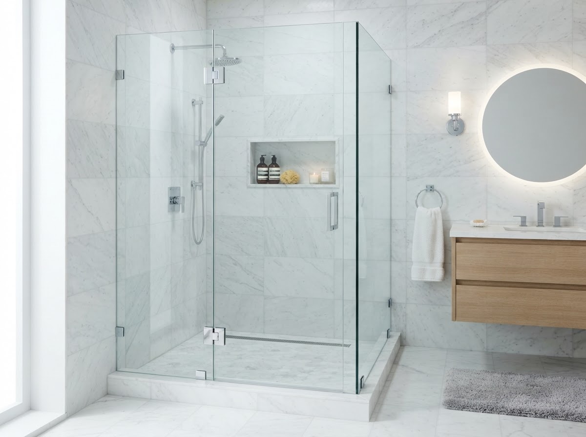 Custom frameless shower door with chrome hinges in modern bathroom