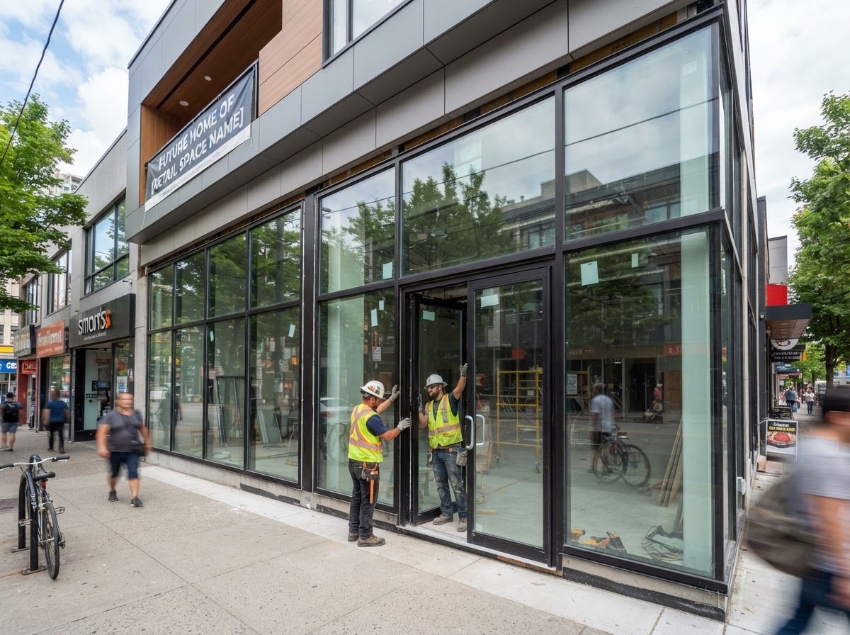 Commercial storefront with large new glass windows and an entry door being installed