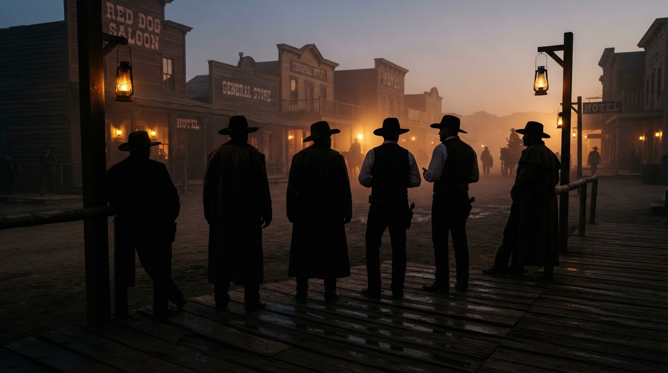 Silhouettes of Old West reenactors in period costume on a wooden boardwalk at dusk