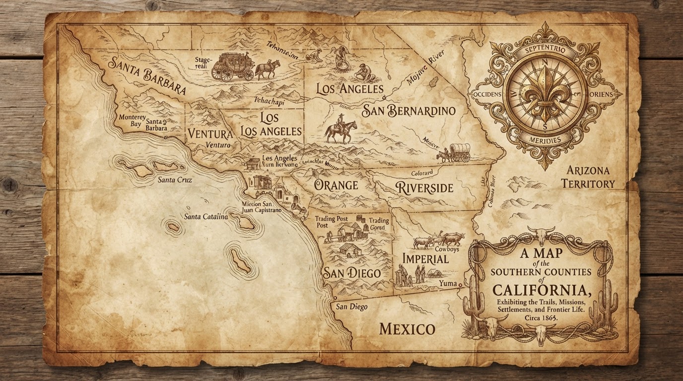 Vintage parchment map evoking the Southern California counties the troupe performs across