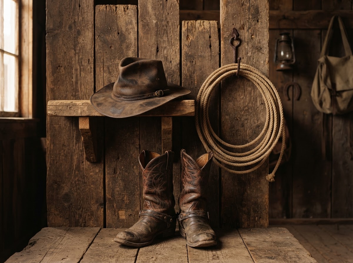 Old West still life with lasso, cowboy hat, and boots evoking the troupe's period costumes and props
