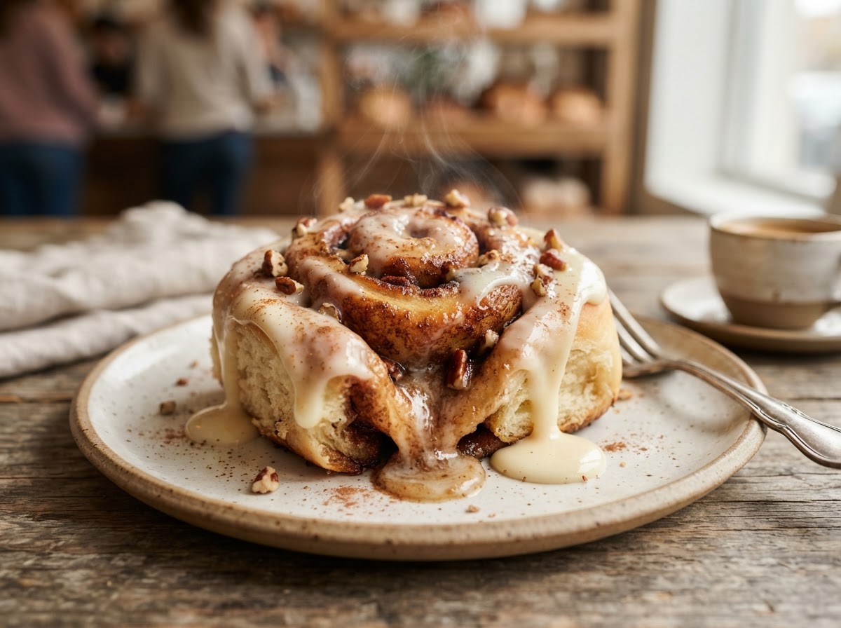 A warm, gooey cinnamon roll topped with glossy cream cheese frosting, with steam rising