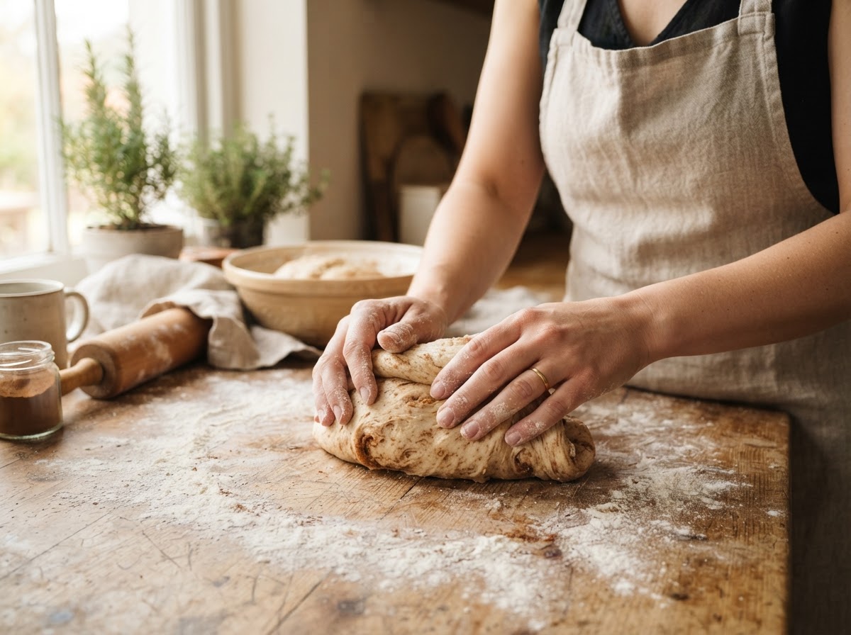 Vanessa's hands gently shaping cinnamon roll dough on a flour-dusted counter