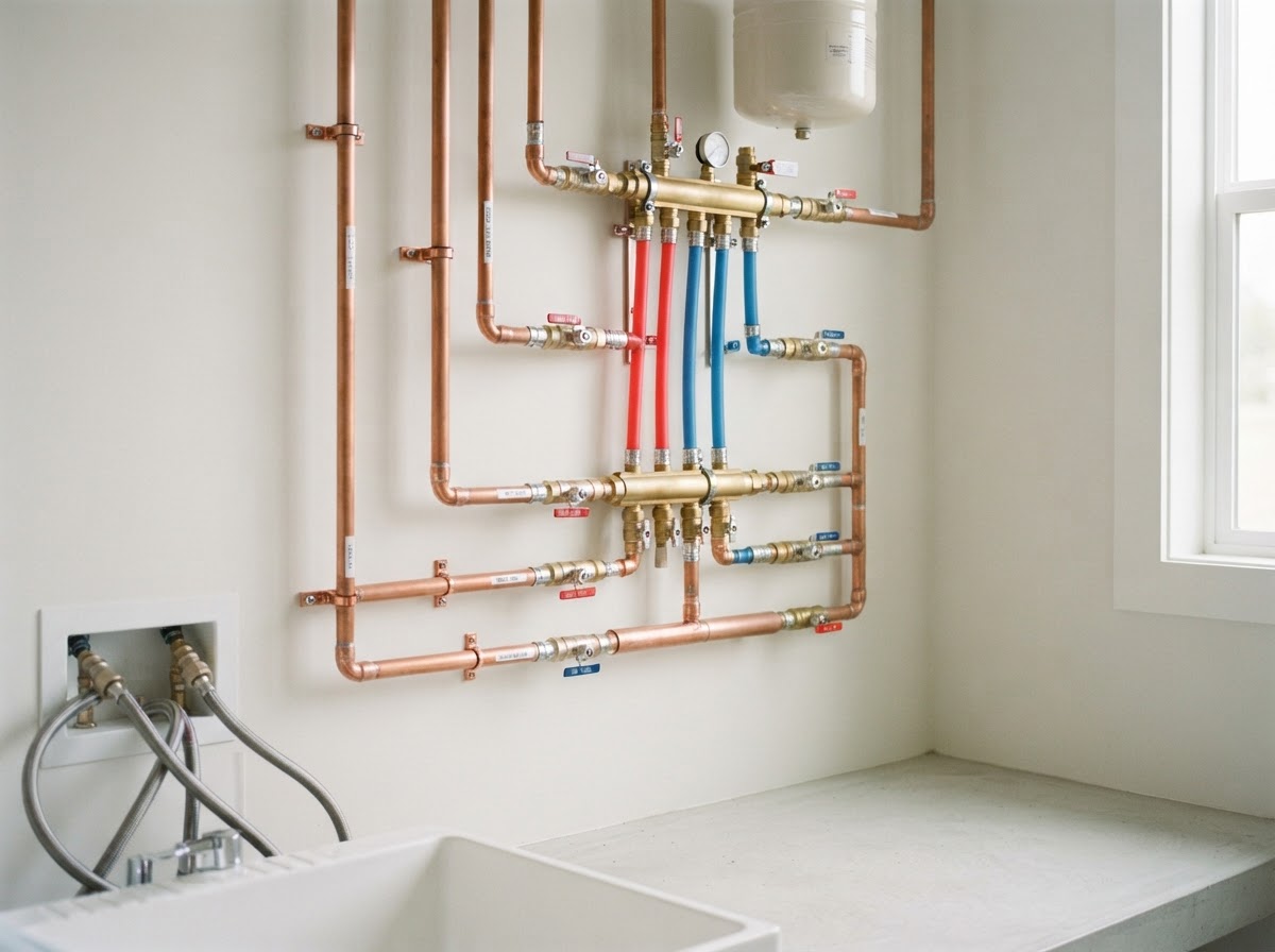 Clean, professionally installed residential plumbing with copper and PEX lines