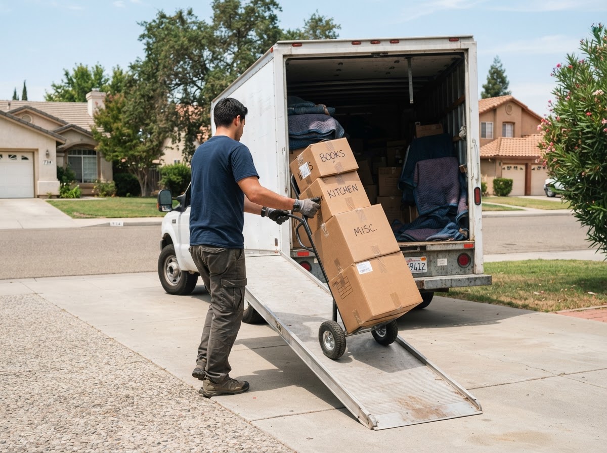 Five Star Moving crew loading a rental truck and PODS container