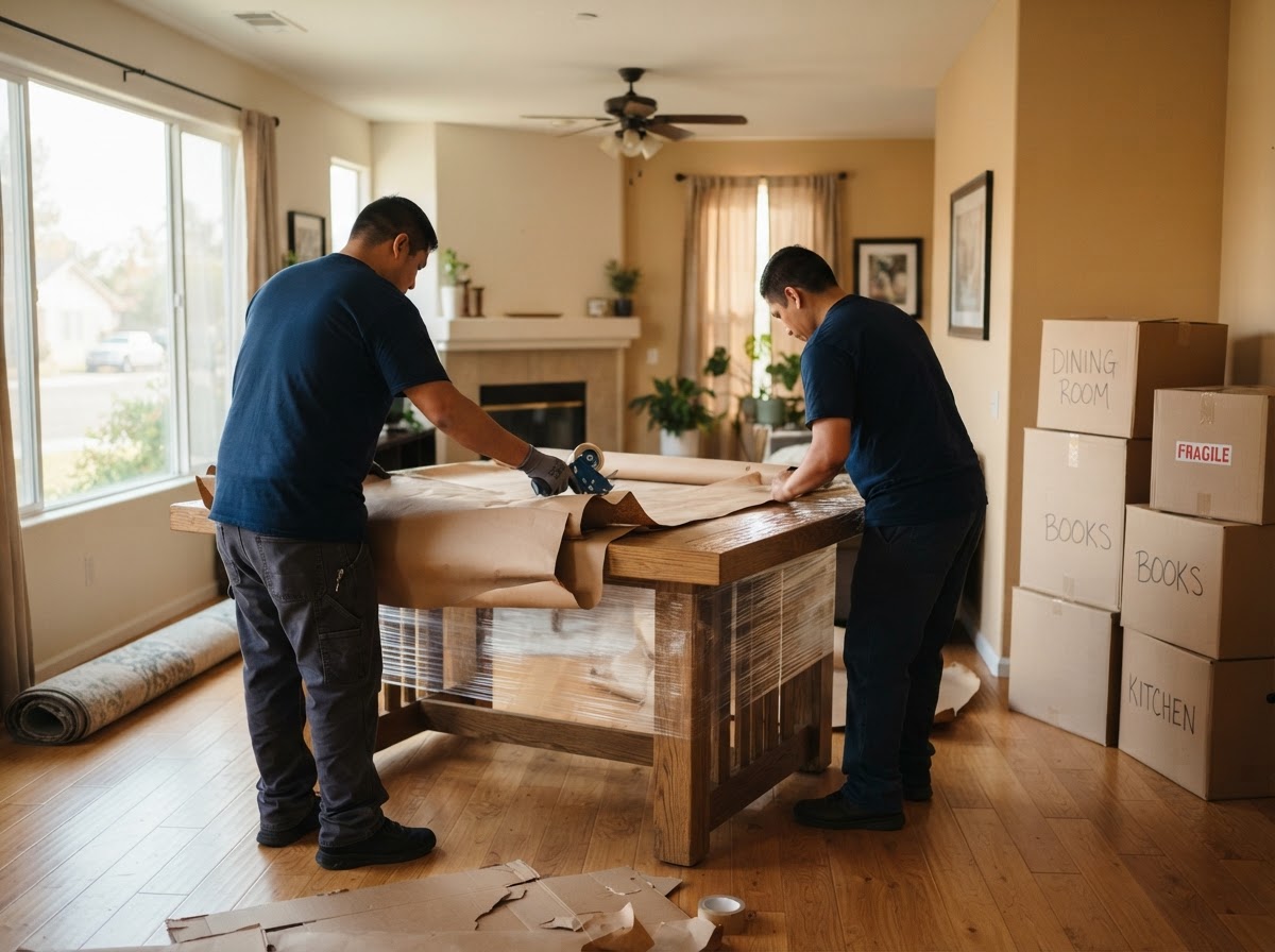 Five Star Moving crew wrapping and packing furniture