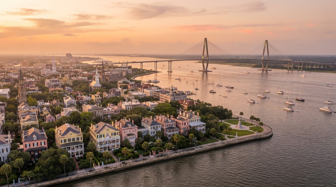 The Arthur Ravenel Jr. Bridge and Charleston harbor at golden hour