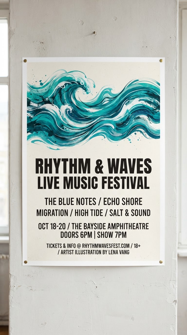 Sample concert poster concept with teal waves