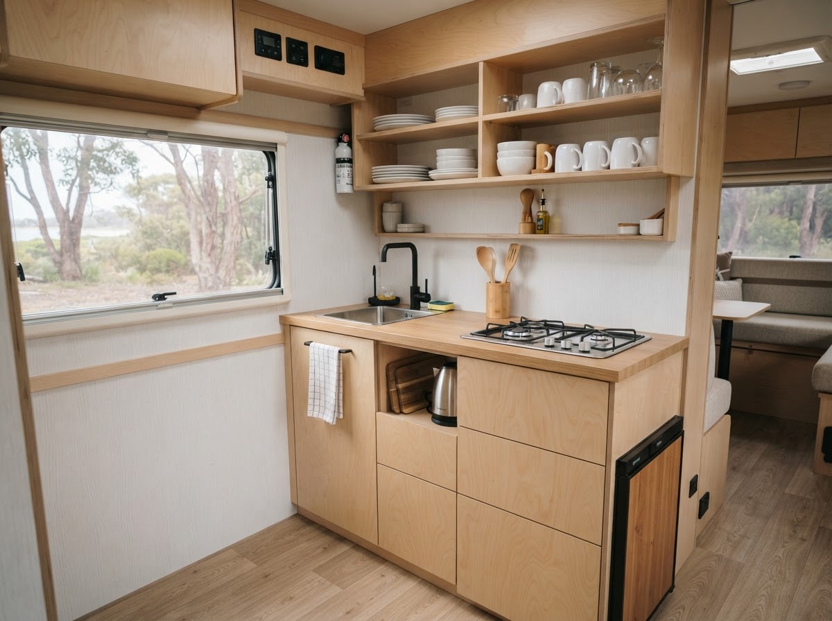 Illustrative interior of a finished light-timber motorhome kitchenette with cabinetry and storage