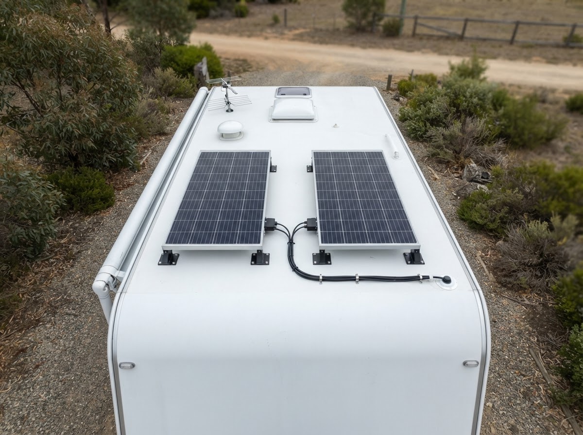 Illustrative top-down view of a tidy solar-equipped caravan roof with two mounted solar panels