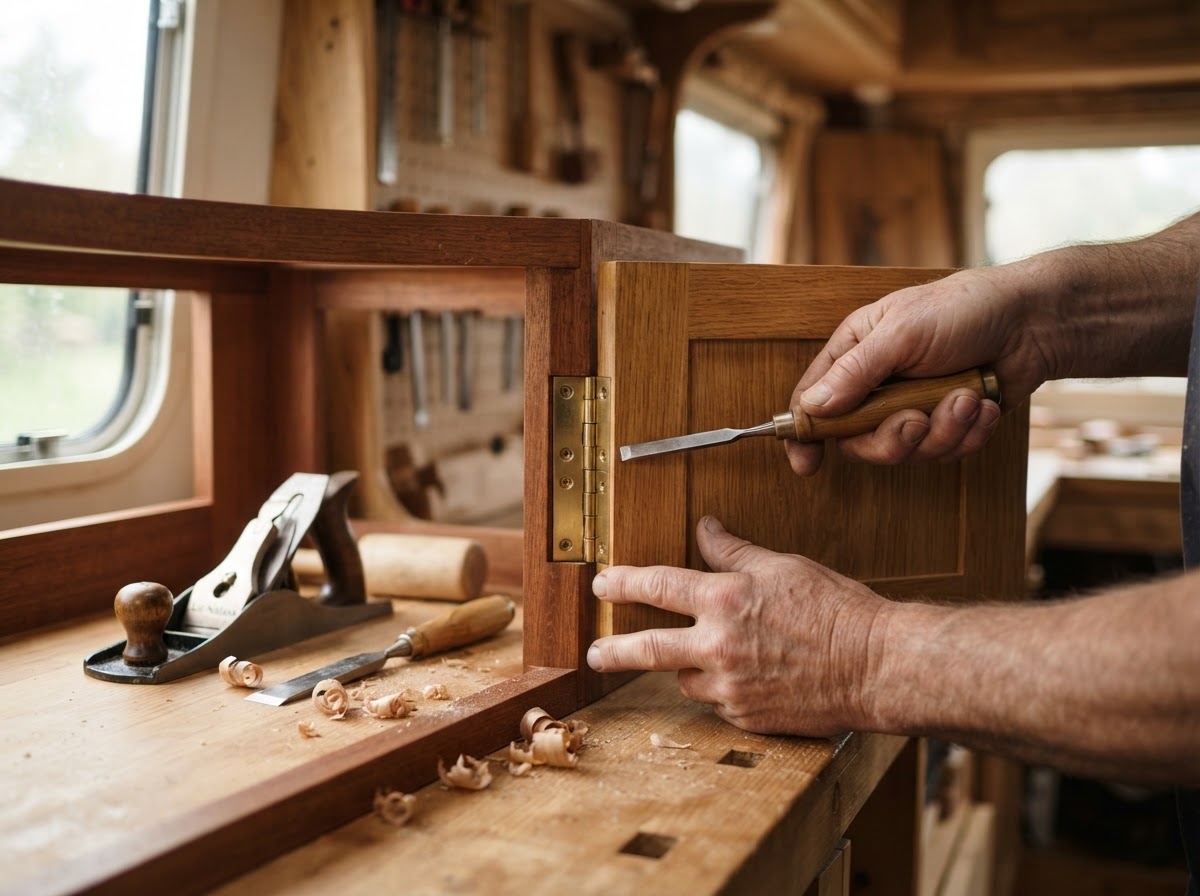 Illustrative cabinet-making detail with tools and no identifiable faces