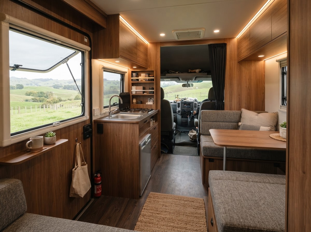 Illustrative horse-truck living-quarters fit-out interior