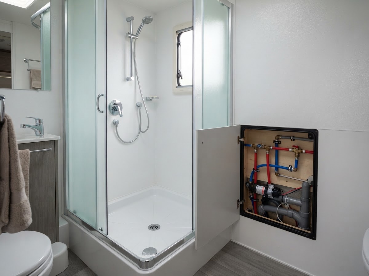 Illustrative interior of a modest caravan shower and plumbing compartment