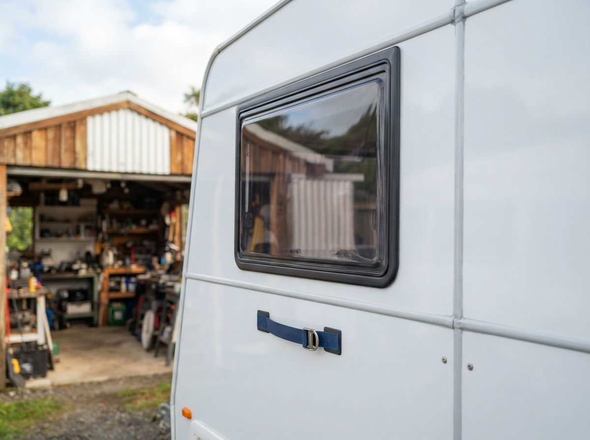 Illustrative close-up of a clean repaired white caravan side panel and freshly fitted tinted window