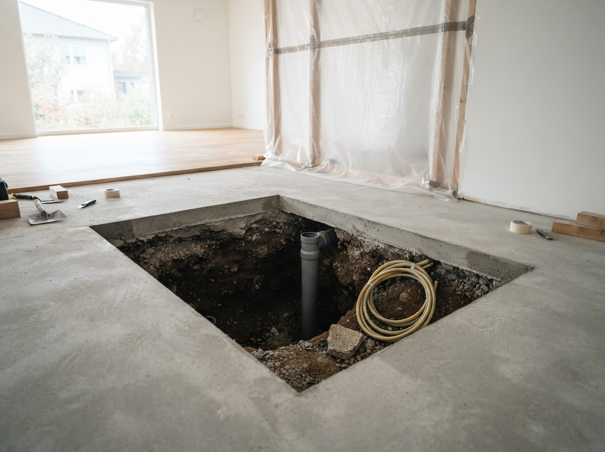 A neat rectangular opening cut in a concrete floor inside a bright modern home with exposed pipe