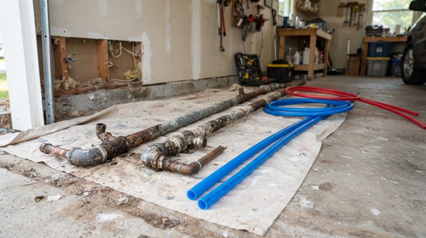 Old corroded galvanized plumbing pipe lying beside new clean PEX pipe on a drop cloth in a bright garage