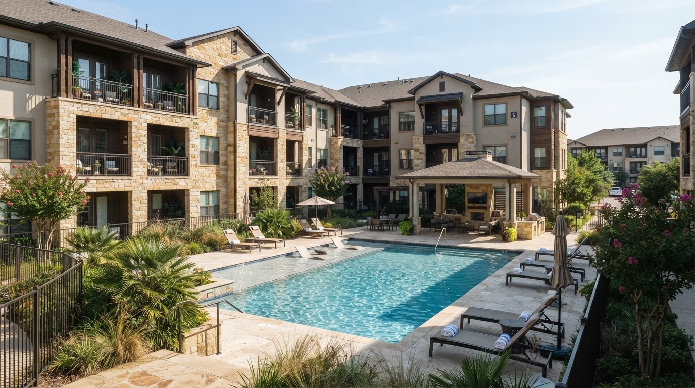 A modern three-story apartment community with a pool courtyard