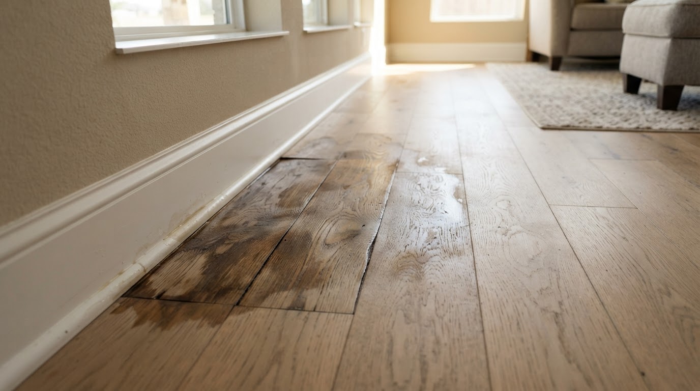 A damp discolored patch on a light hardwood floor near a baseboard in a bright modern home