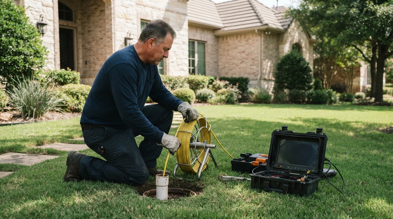 A plumber feeding a sewer camera into a yard cleanout with a monitor beside him