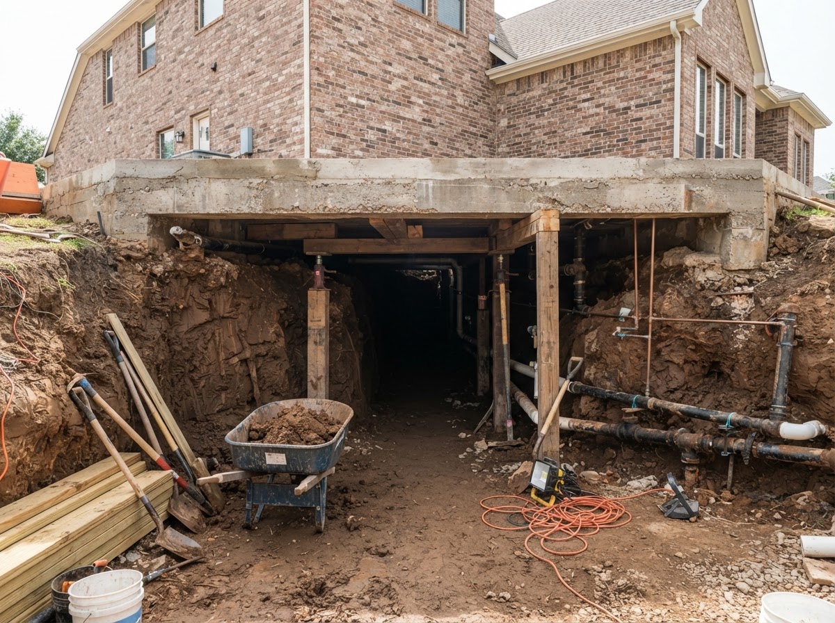 A hand-dug tunnel beneath a large two-story brick home exposing plumbing pipes