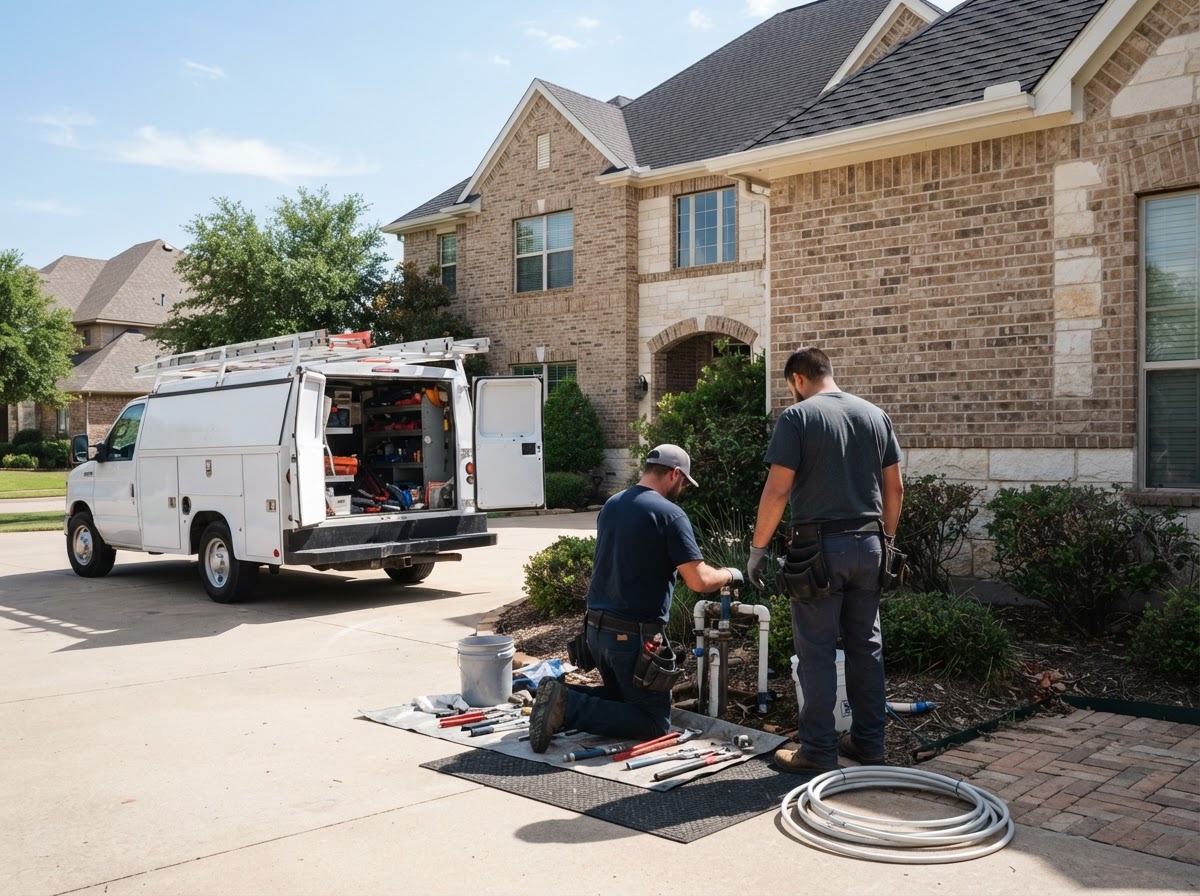 A crew of two plumbers working outside a large two-story brick home with a white service truck