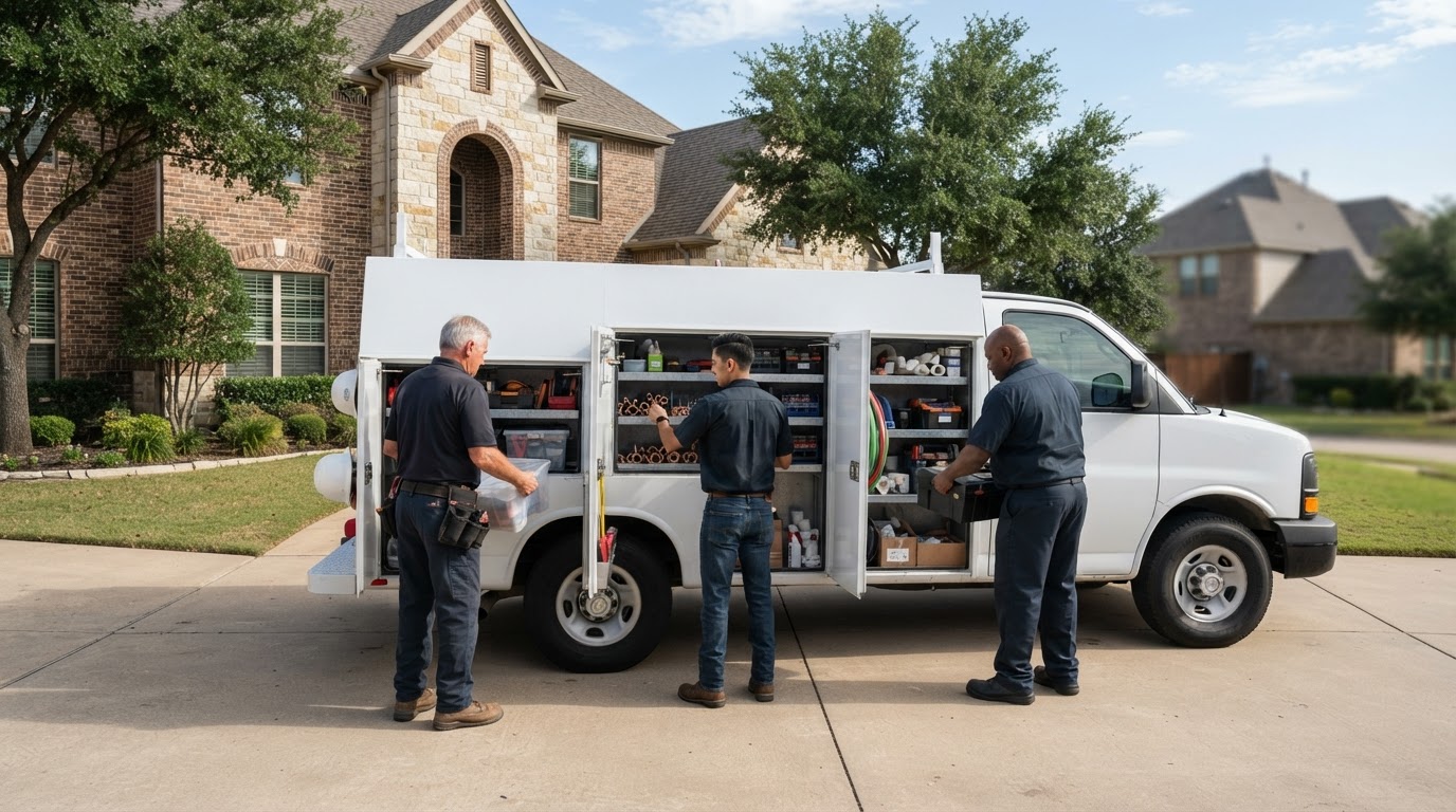 Three plumbers seen from behind unloading equipment from an unmarked van at a residential job