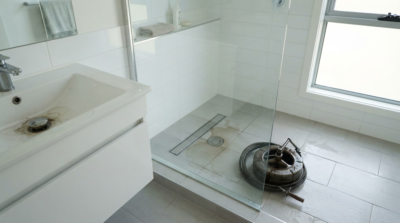 Multiple slow drains in a clean modern bathroom with a plumber's snake tool resting nearby