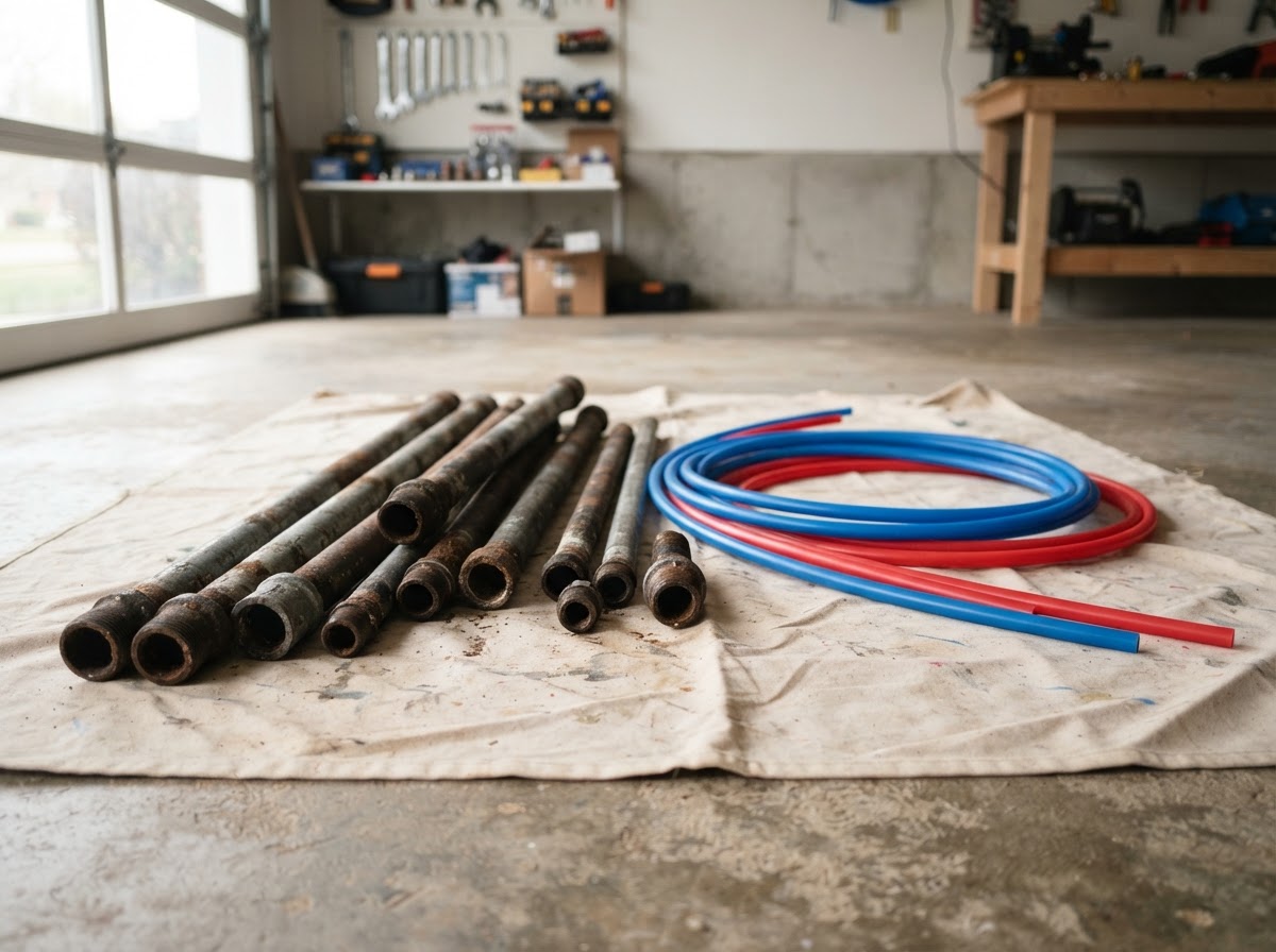 Old corroded galvanized pipe sections lying next to new pipe on a drop cloth