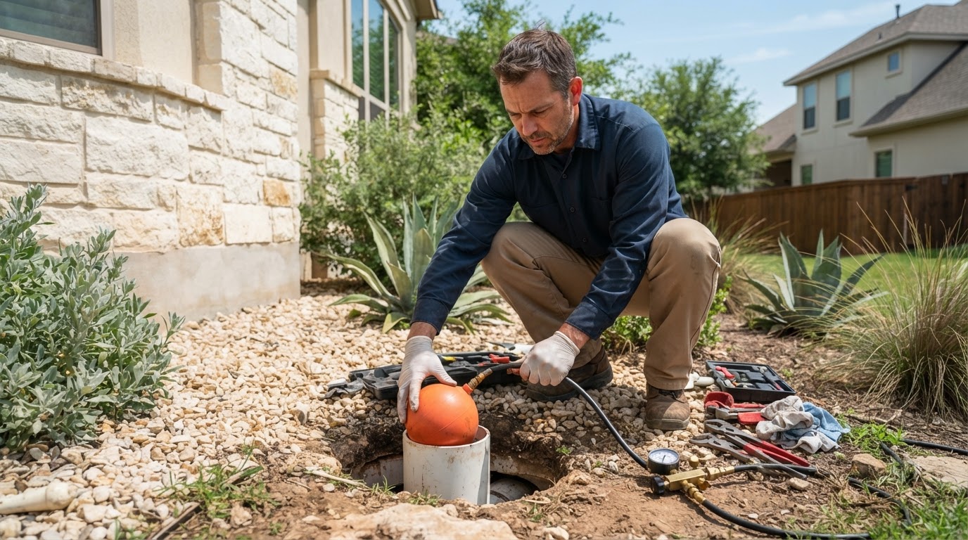 A plumber setting up pneumatic test balls inside an exterior cleanout pipe for under-slab sewer testing