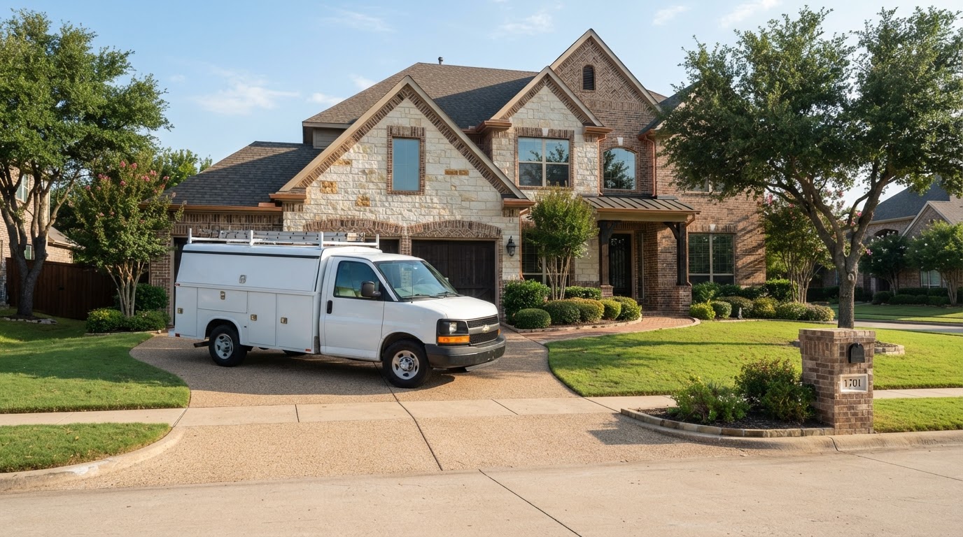 An unmarked white work van parked in the driveway of a brick home at sunrise