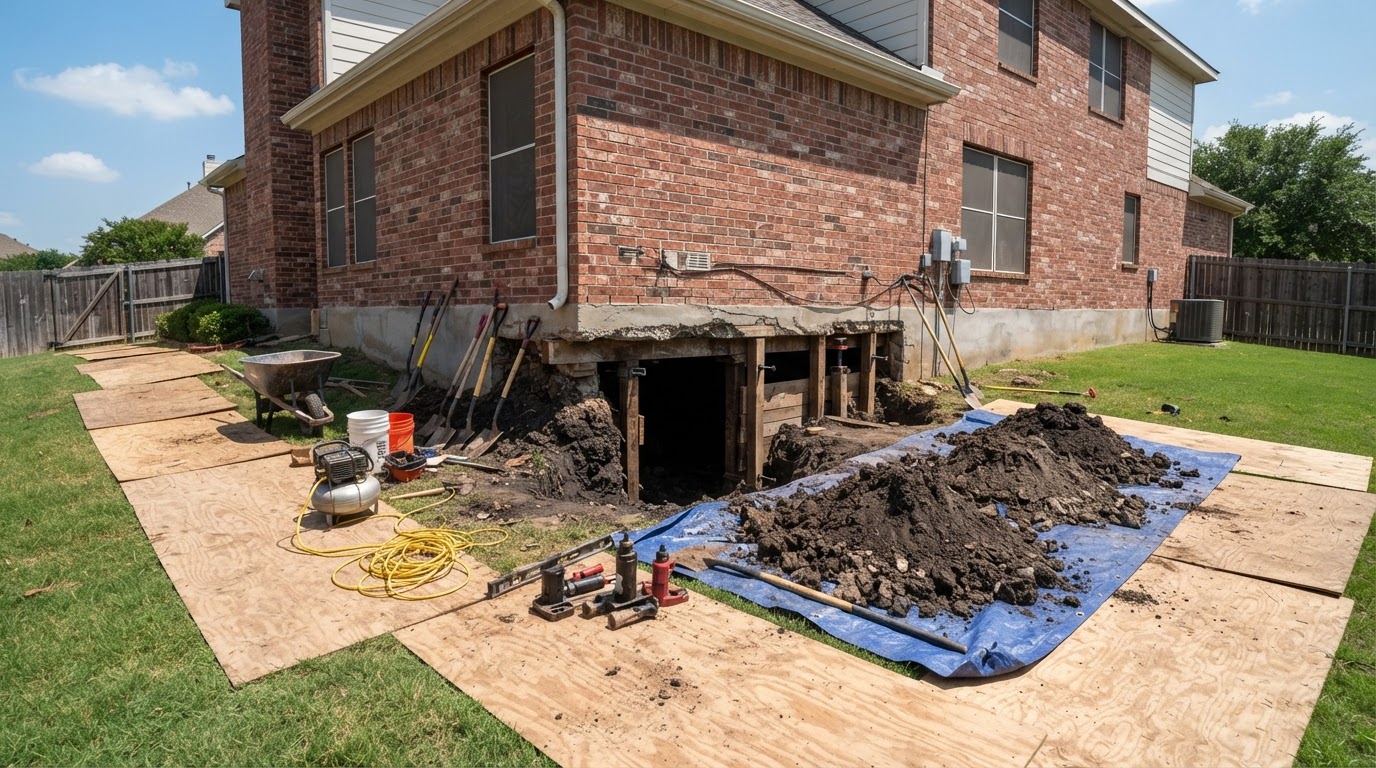 A tunnel entrance dug along the foundation of a large two-story brick home