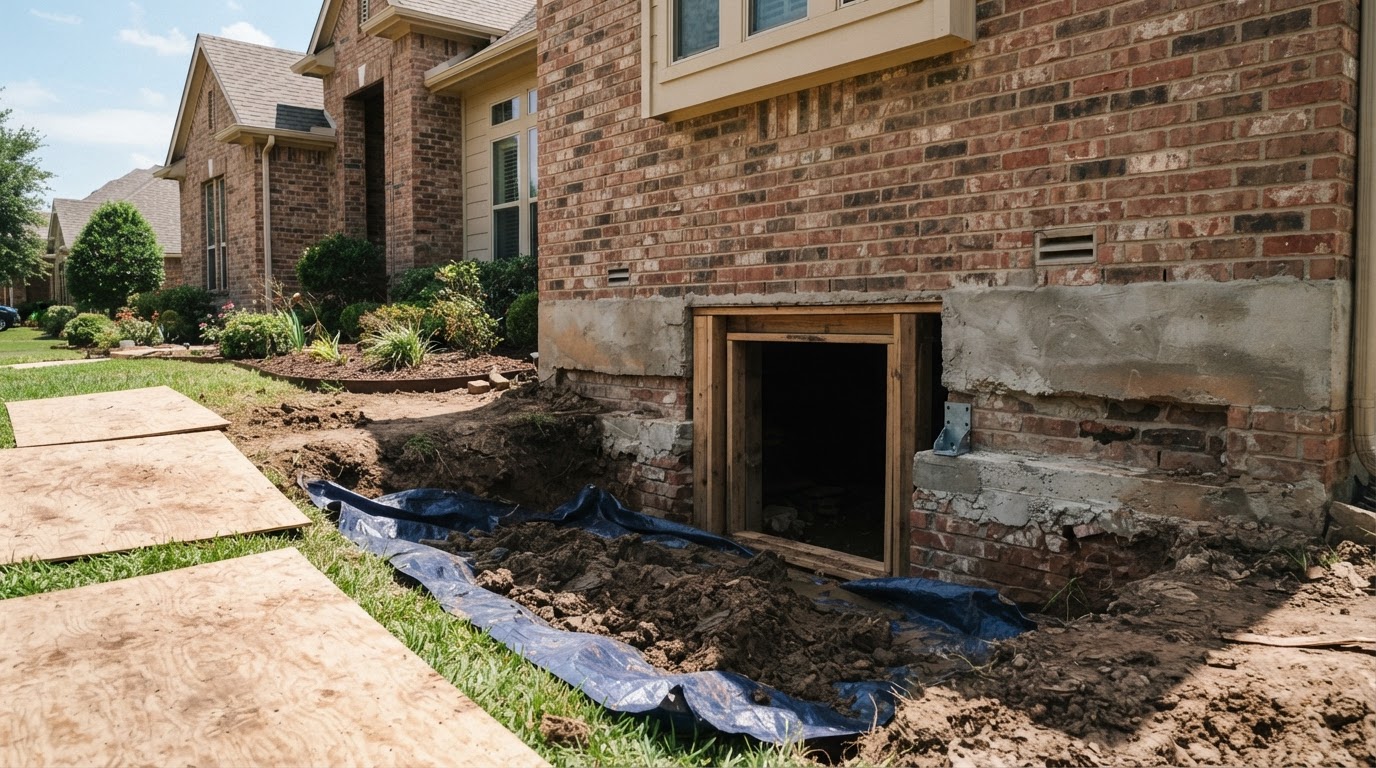A neat tunnel entrance dug along the foundation of a large brick North Texas home