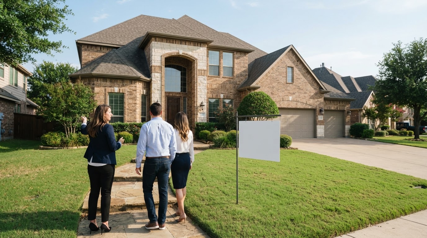A realtor with a couple in front of a large two-story home with a blank for-sale sign
