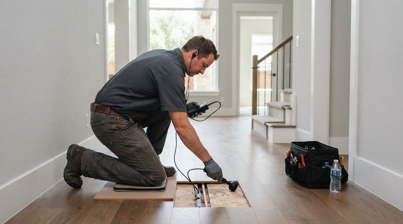 A plumber kneeling in a home hallway with a listening device, flooring partially pulled back