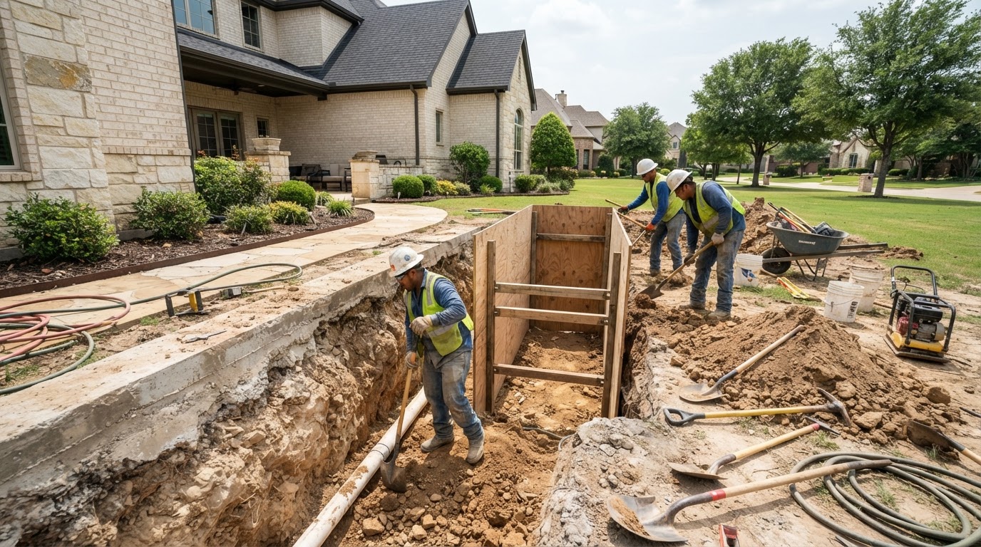 A clean hand-dug tunnel entrance along the foundation of a two-story brick home with dirt neatly contained on tarps
