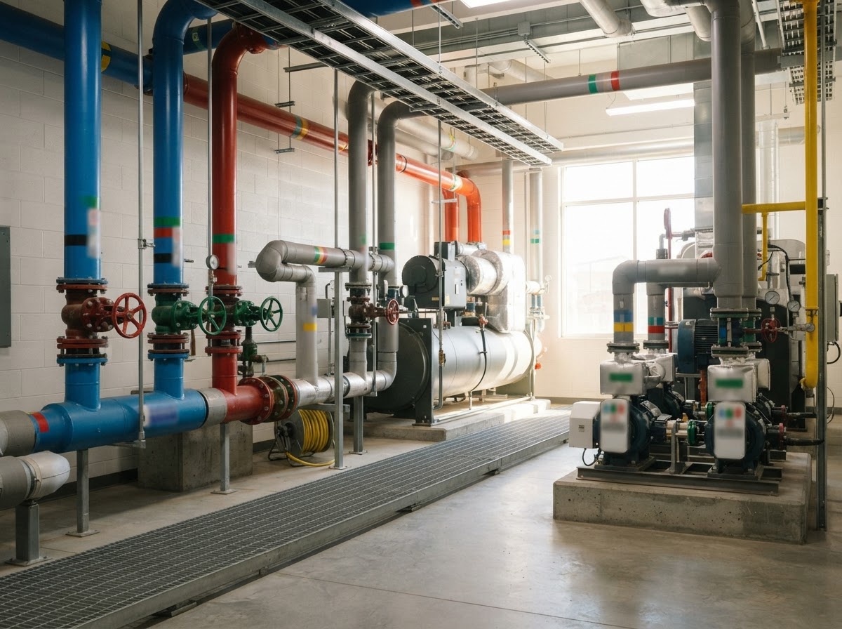 A commercial mechanical room with large-diameter plumbing lines and valves