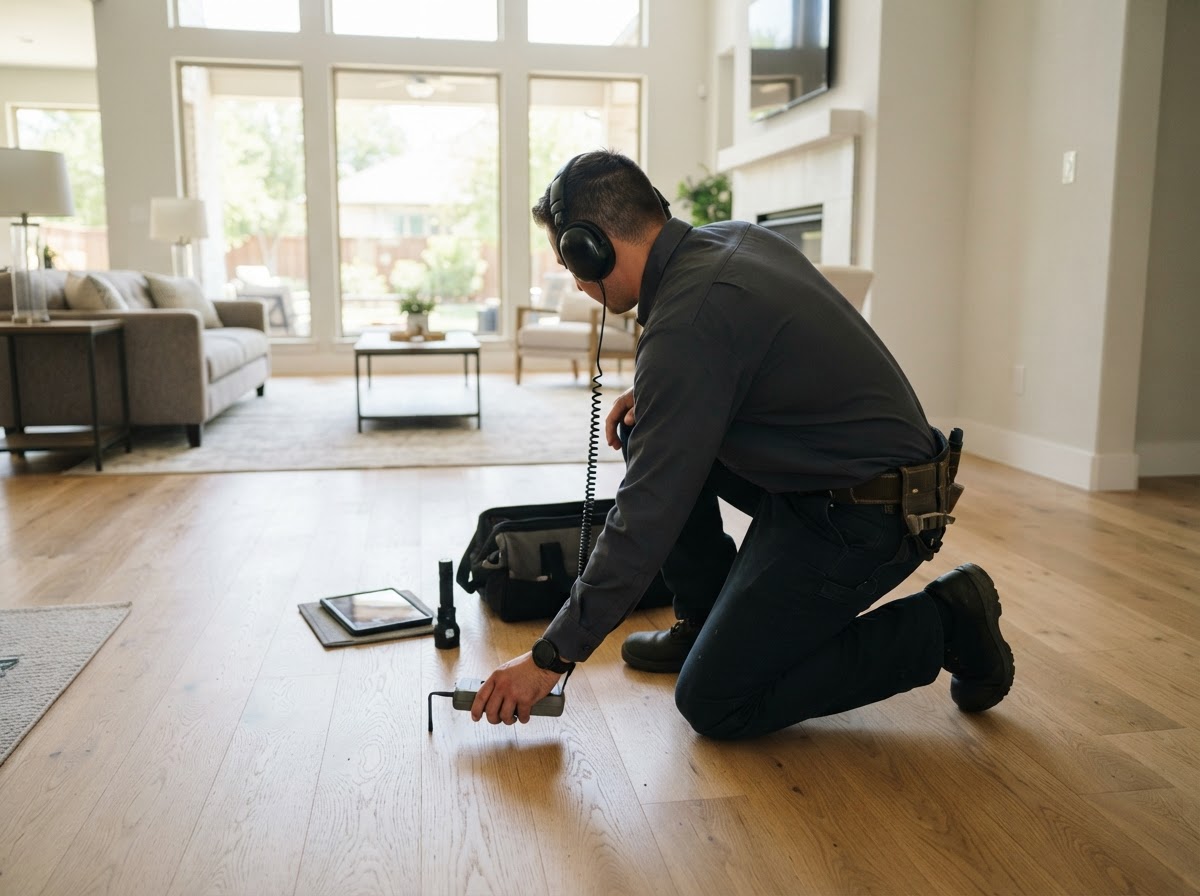 A plumber seen from behind kneeling on a light wood floor holding a listening device in a bright living room