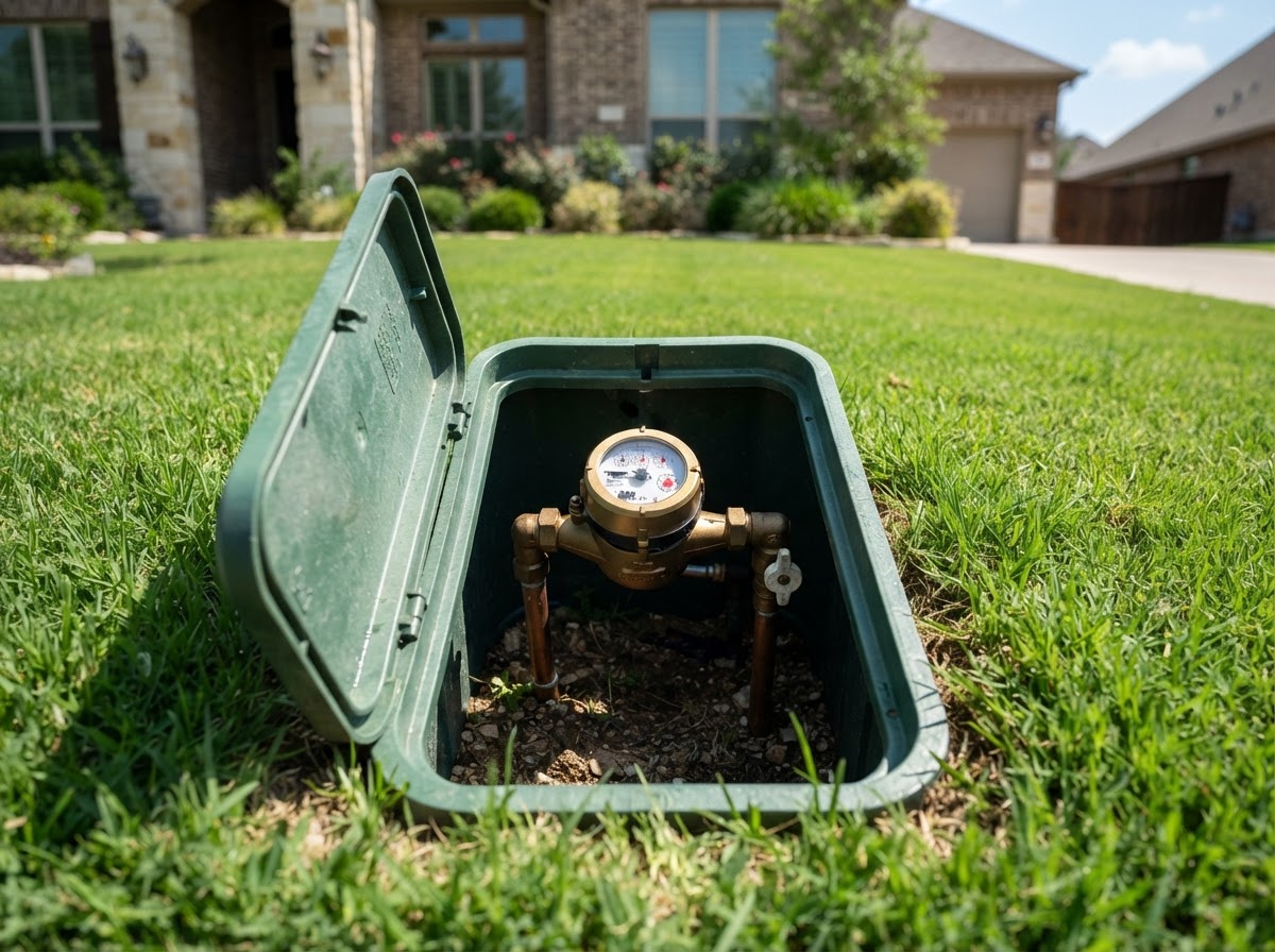 Close-up of a residential water meter inside a ground meter box