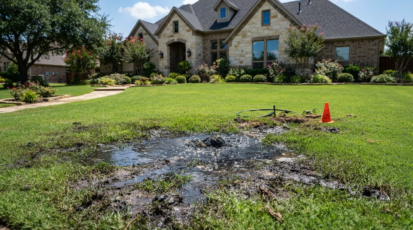 A wet soggy patch of lawn in the manicured yard of an upscale North Texas home
