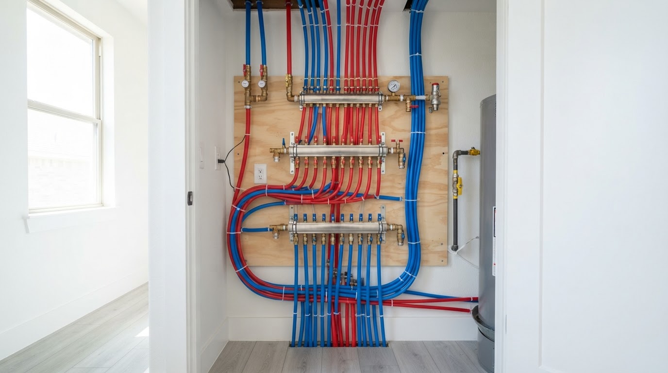 Modern PEX water supply manifold with red and blue piping running neatly inside a clean Texas home utility closet