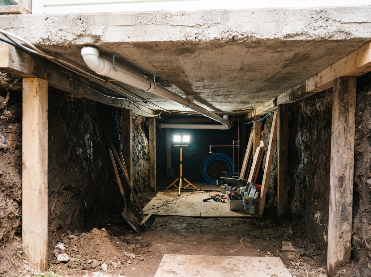 Inside a tunnel beneath a home looking toward the work area, slab overhead, exposed pipe