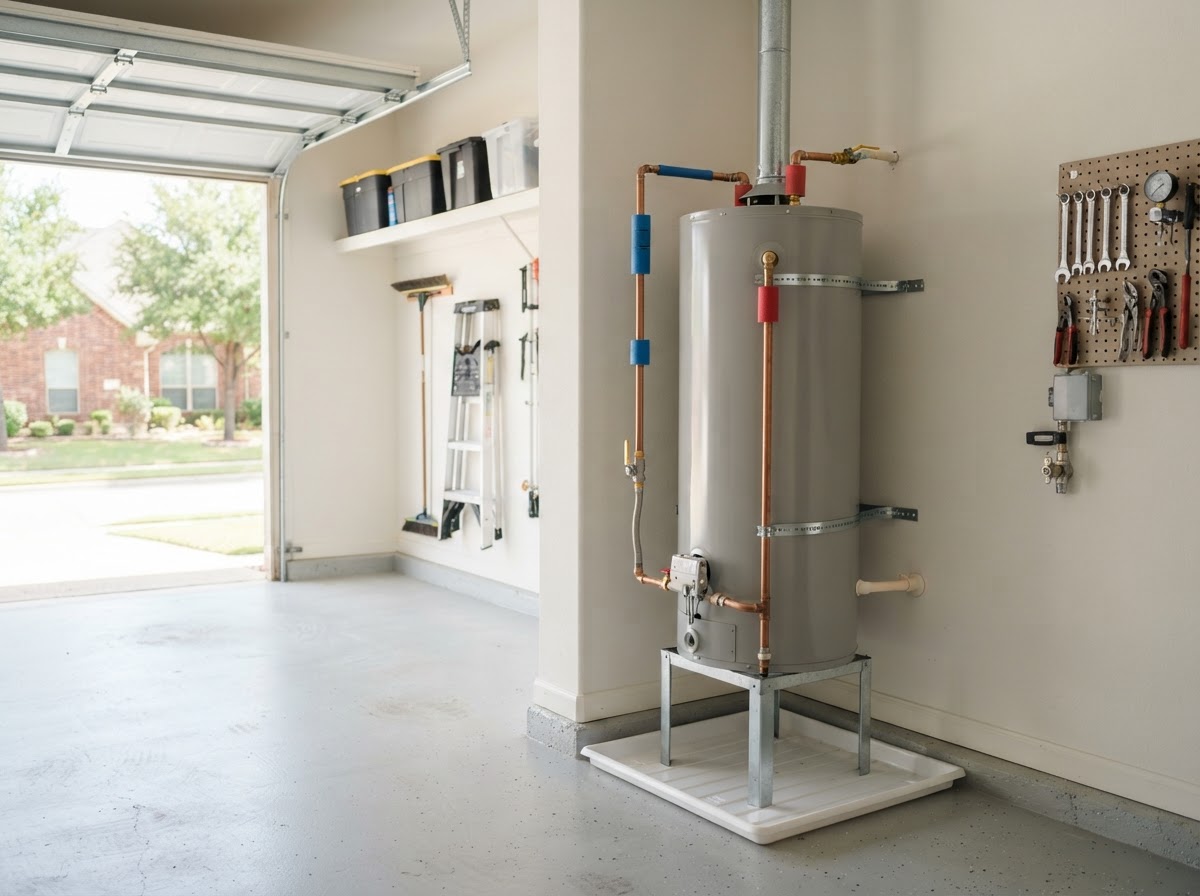 A new water heater installed in a clean, bright garage of an upscale home