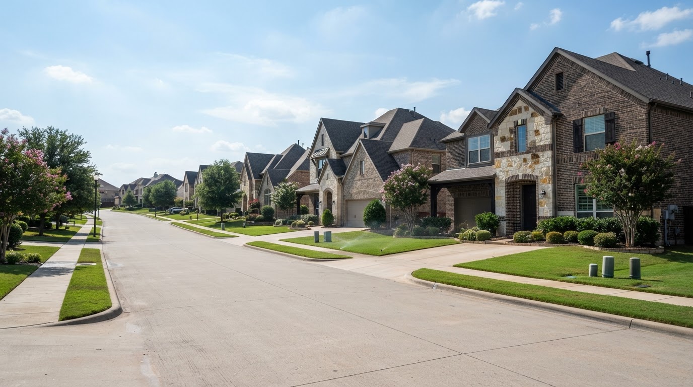 A street of newer upscale single-family homes in a North Texas suburb