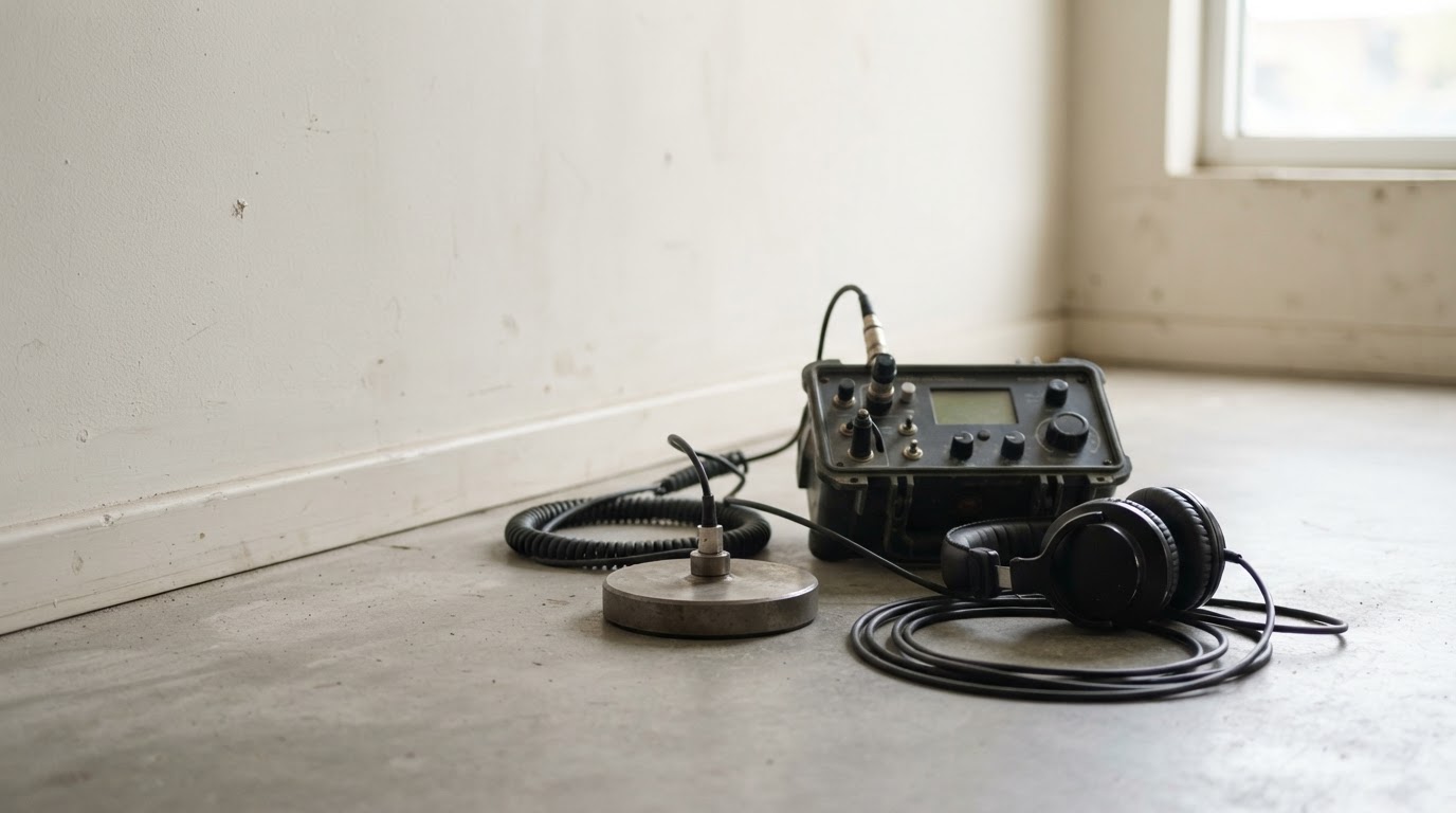 A diagnostic listening device and headphones resting on a clean floor near a wall