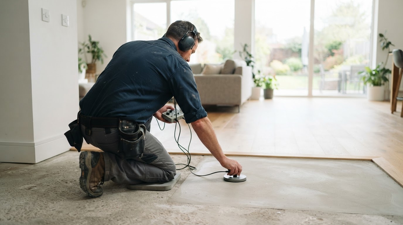 A plumber using a listening device on a concrete floor near a recently repaired foundation area