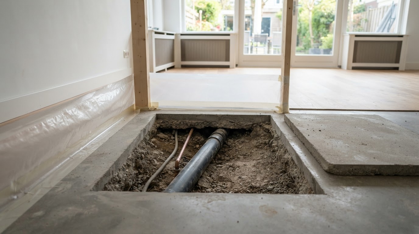 A neat rectangular slab access opening cut in a concrete floor inside a bright modern home