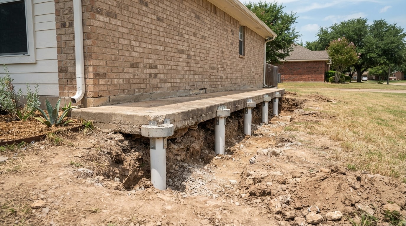 A residential concrete slab foundation of a North Texas home with visible foundation repair piers in bright daylight