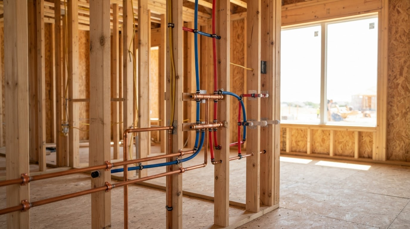 Modern copper and PEX whole-house water supply piping installed cleanly through open wooden studs