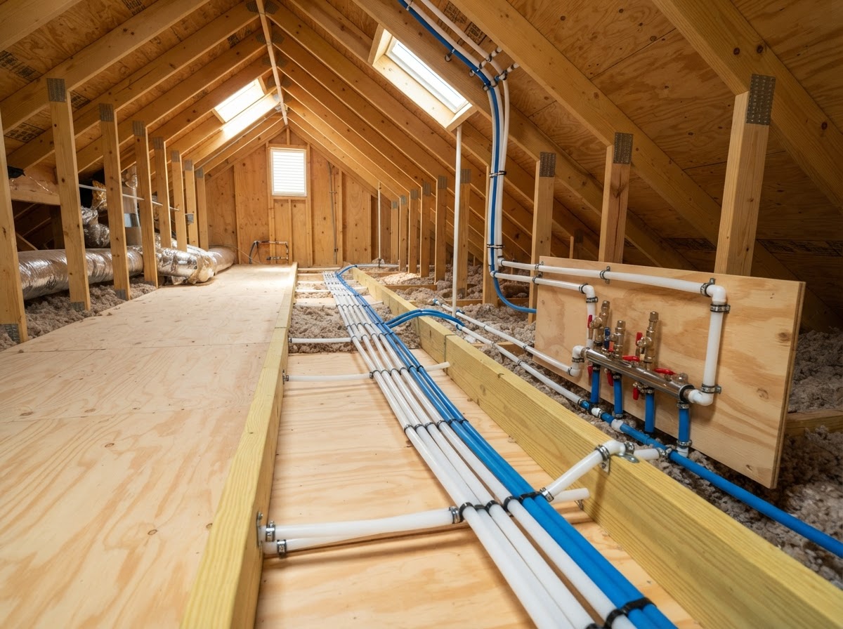 A residential attic with new PEX lines run neatly along the joists